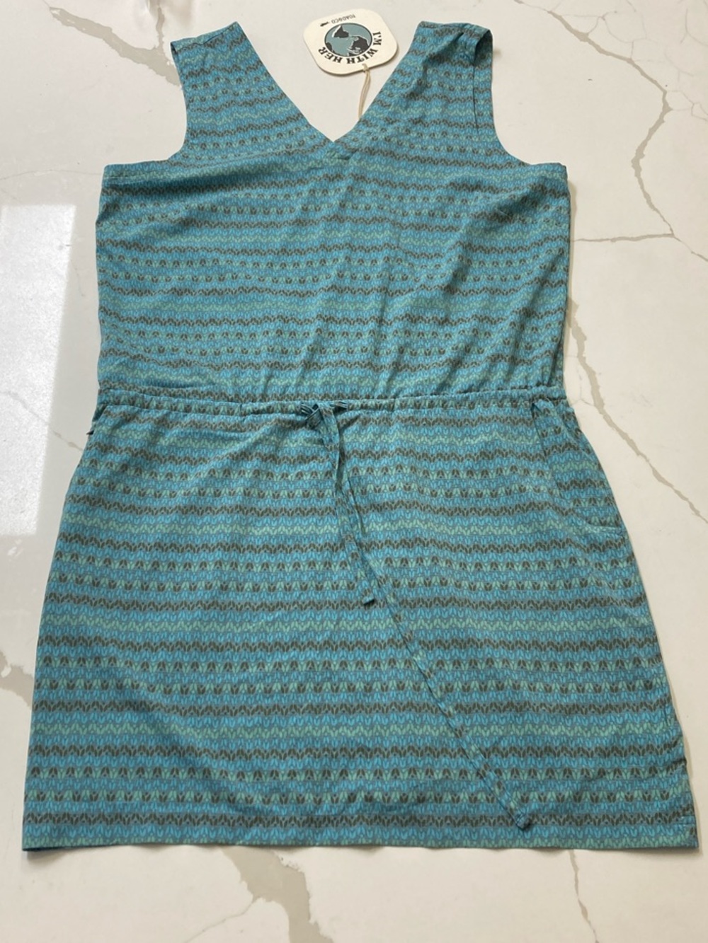 Toad&Co Teal and Aqua Sleeveless V-Neck Drawstring Dress